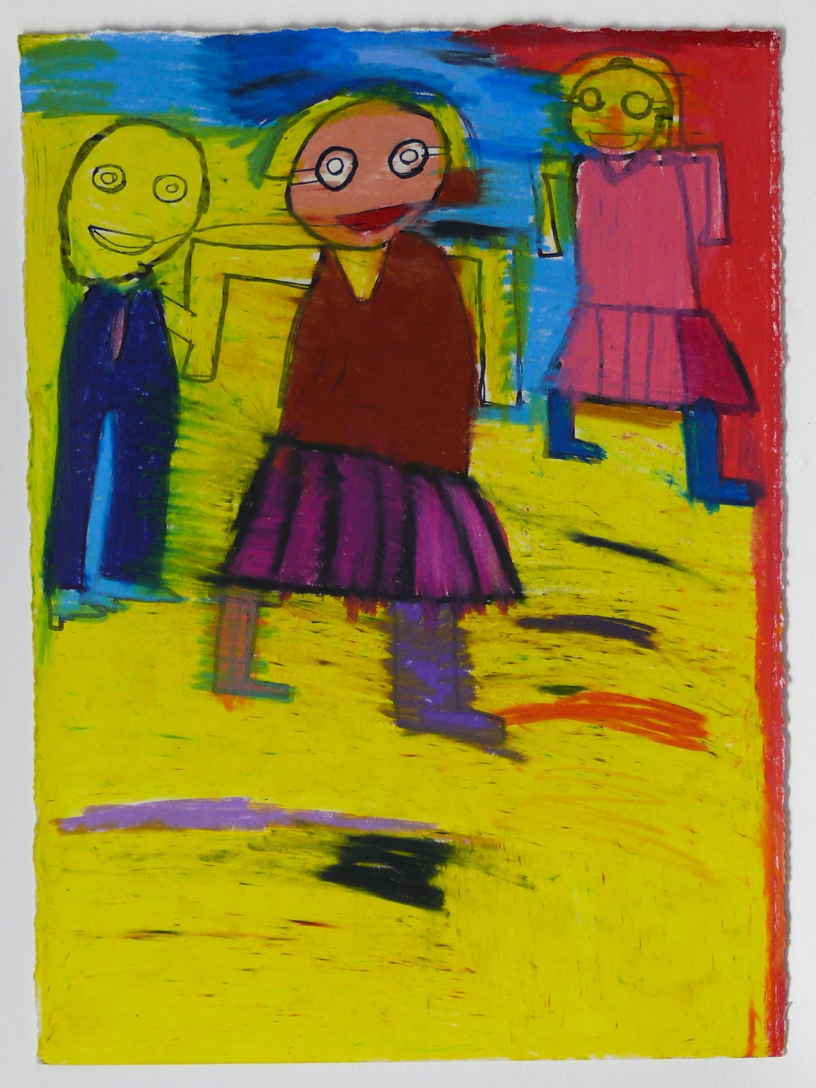 Figurative painting of three smiling figures with round faces on a vivid yellow ground, in oil pastel on paper.