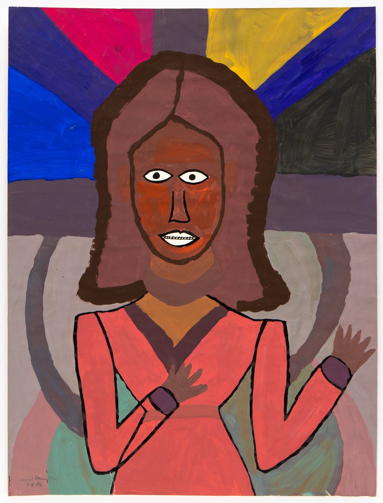 Acrylic painting of a dark-skinned woman with long brown hair in a pink top, set against a bold radiating multicolor background.
