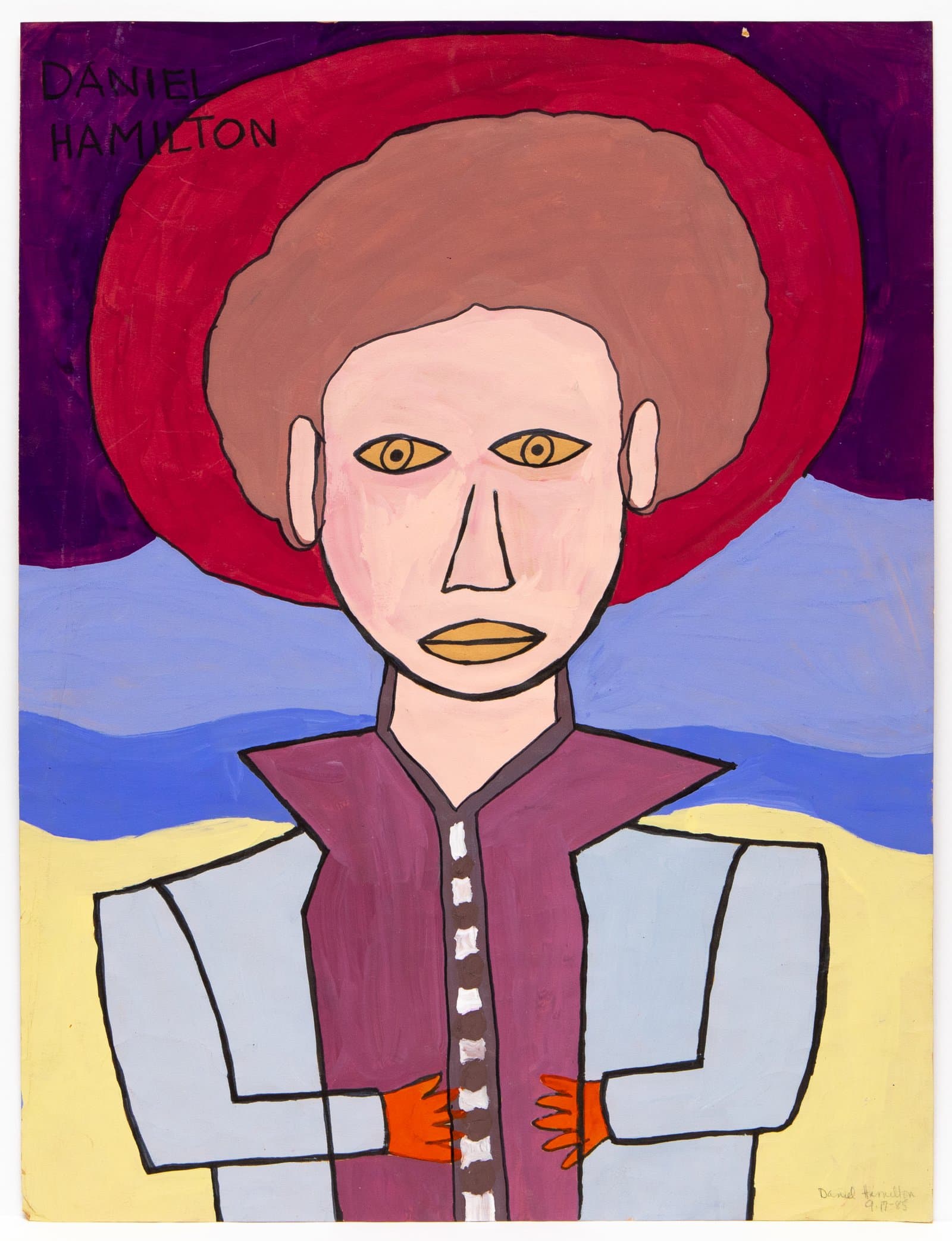 Acrylic portrait of a figure with brown hair, golden eyes, and orange gloves wearing a purple and gray outfit on a layered background.