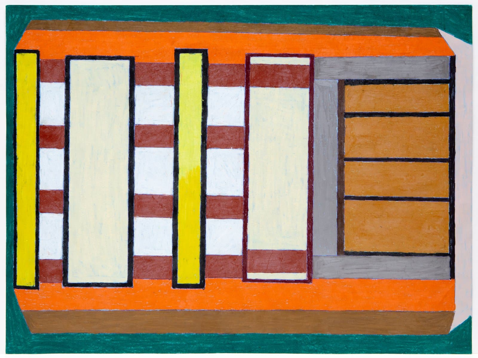 Geometric pastel drawing of vertical rectangular forms in orange, yellow, white, brown, and gray on paper.