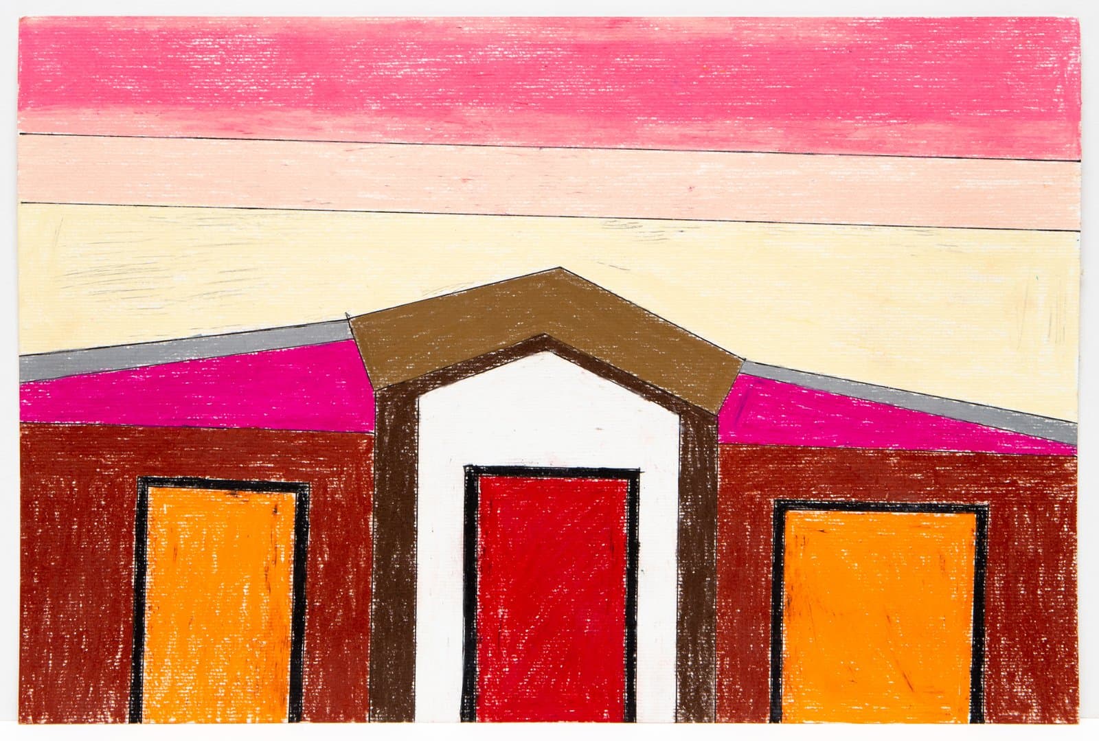 Colored pencil drawing of a symmetrical building facade with orange, red, and brown tones beneath a pink striped sky.