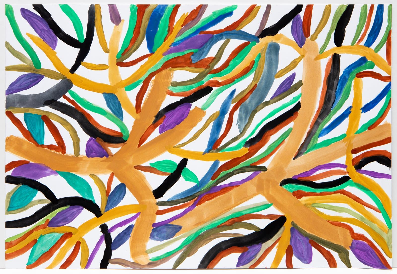Watercolor painting of branching forms in orange radiating outward, interwoven with multicolored curved lines and leaf shapes on white paper.