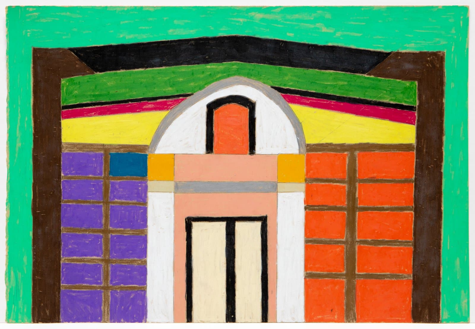 Pastel drawing of a symmetrical building facade with bold geometric sections in green, orange, purple, yellow, and black.