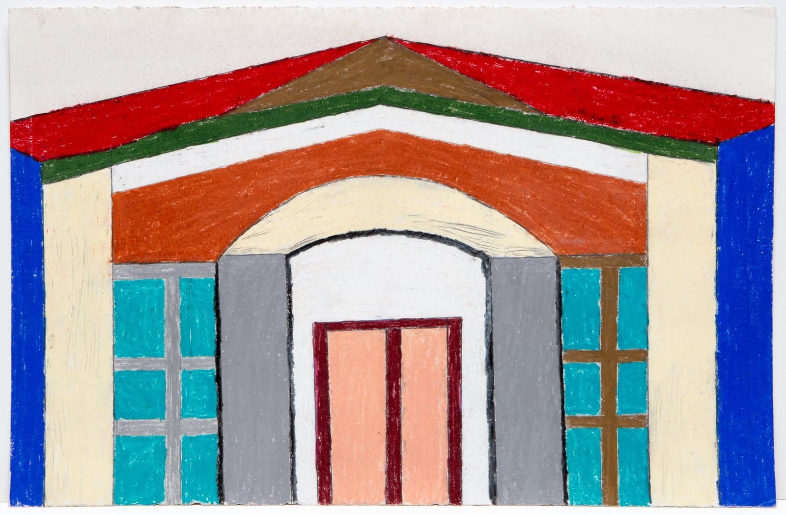 Colored pencil drawing of a building facade with a red roof, teal windows, and a peach door centered beneath an arch.