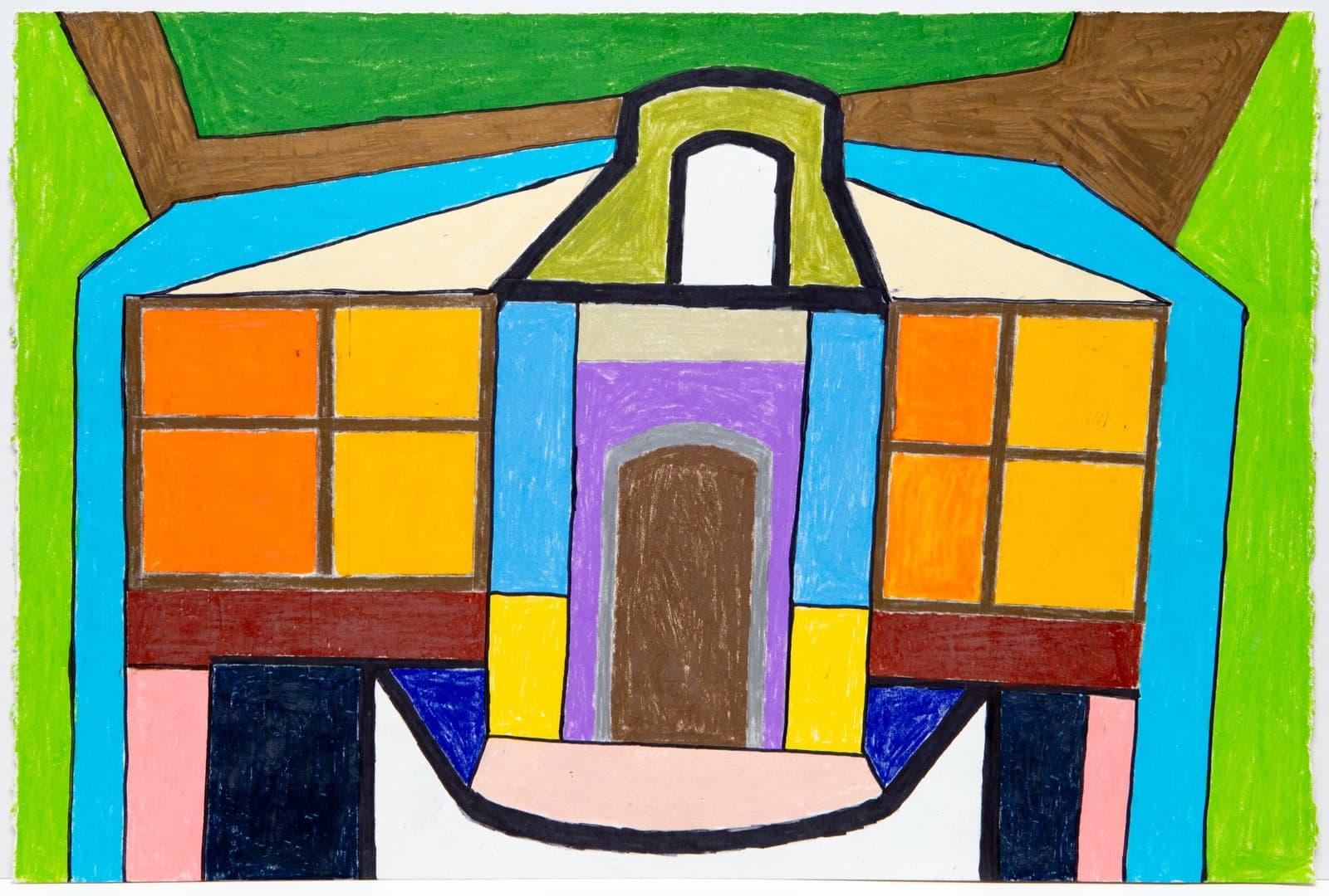 Pastel drawing of a symmetrical building facade with orange windows, a brown arched door, and bright green, blue, and purple accents.