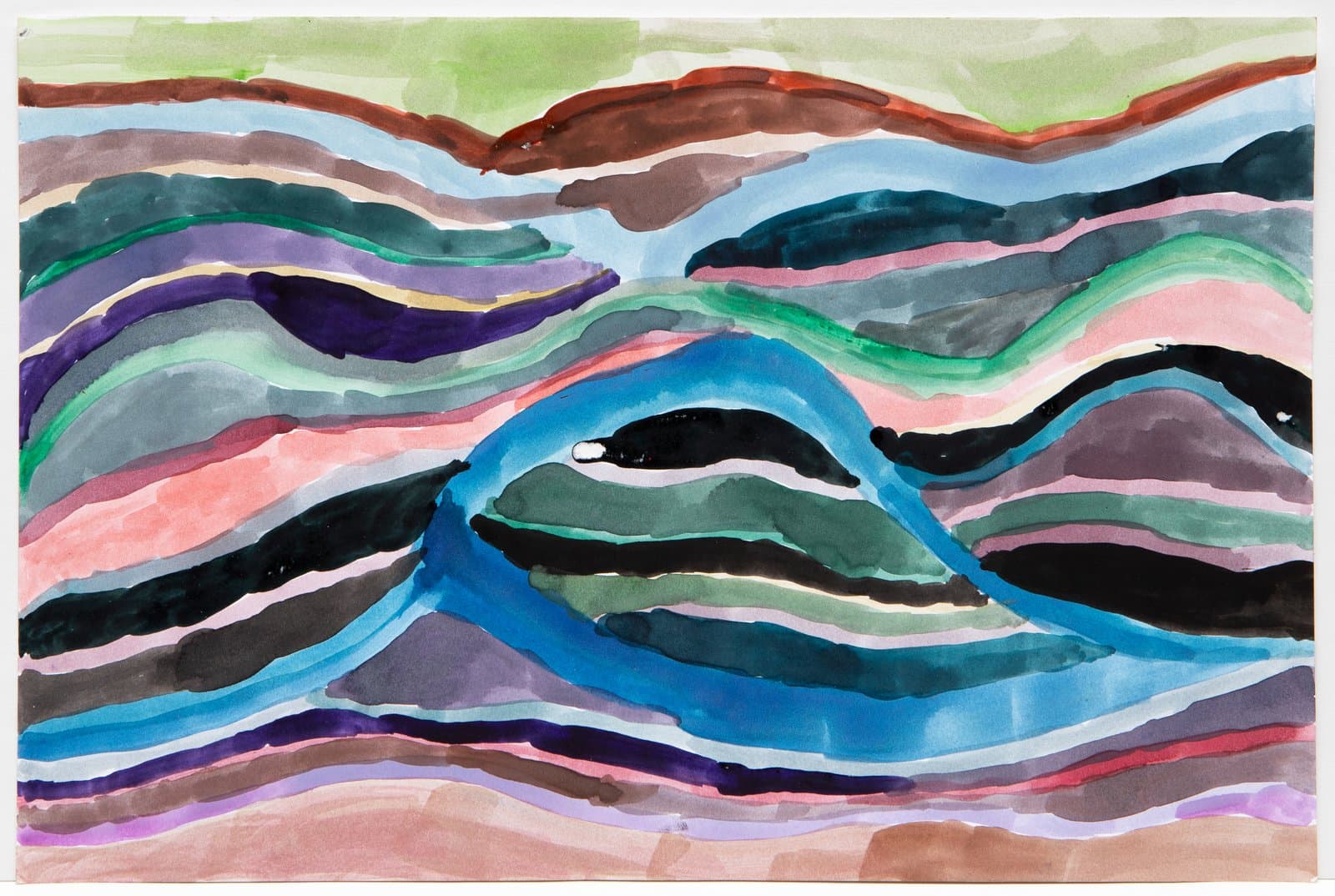 Watercolor painting of undulating horizontal bands in blue, black, pink, green, and purple suggesting layered landscape forms.