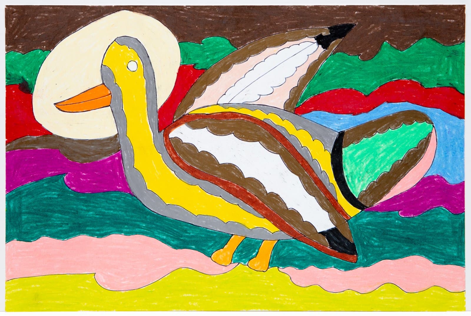 Ink and crayon drawing of a large pelican with yellow body and striped wings against a multicolored abstract background.