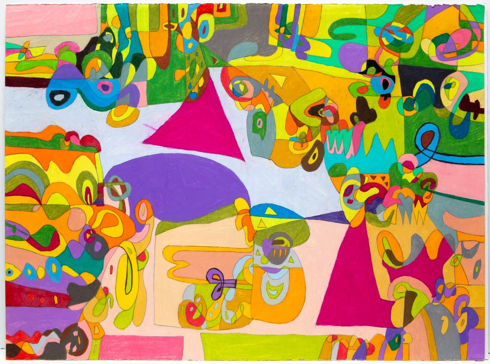 Large abstract pastel drawing densely packed with interlocking organic and geometric shapes in vivid multicolored hues on paper.
