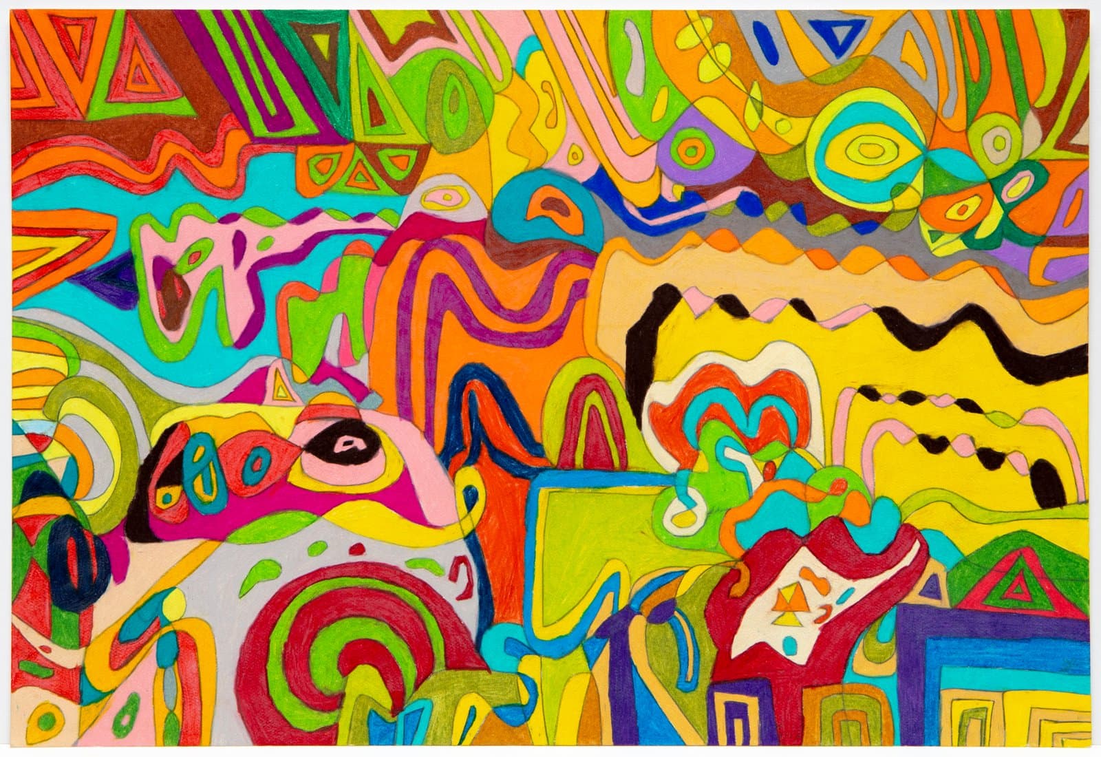 Abstract pastel drawing densely packed with swirling organic forms and geometric shapes in vivid multicolored hues on paper.