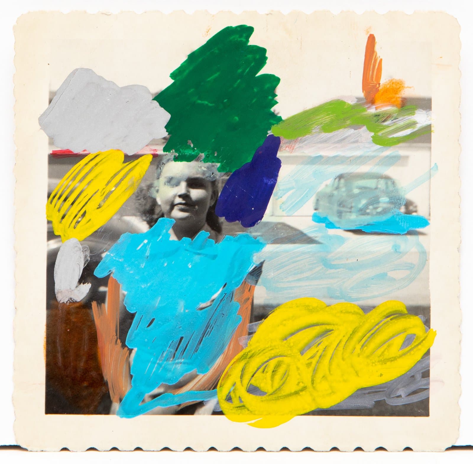 Acrylic paint applied over a vintage black-and-white snapshot of a woman, with bold strokes in cyan, yellow, green, navy, and orange.