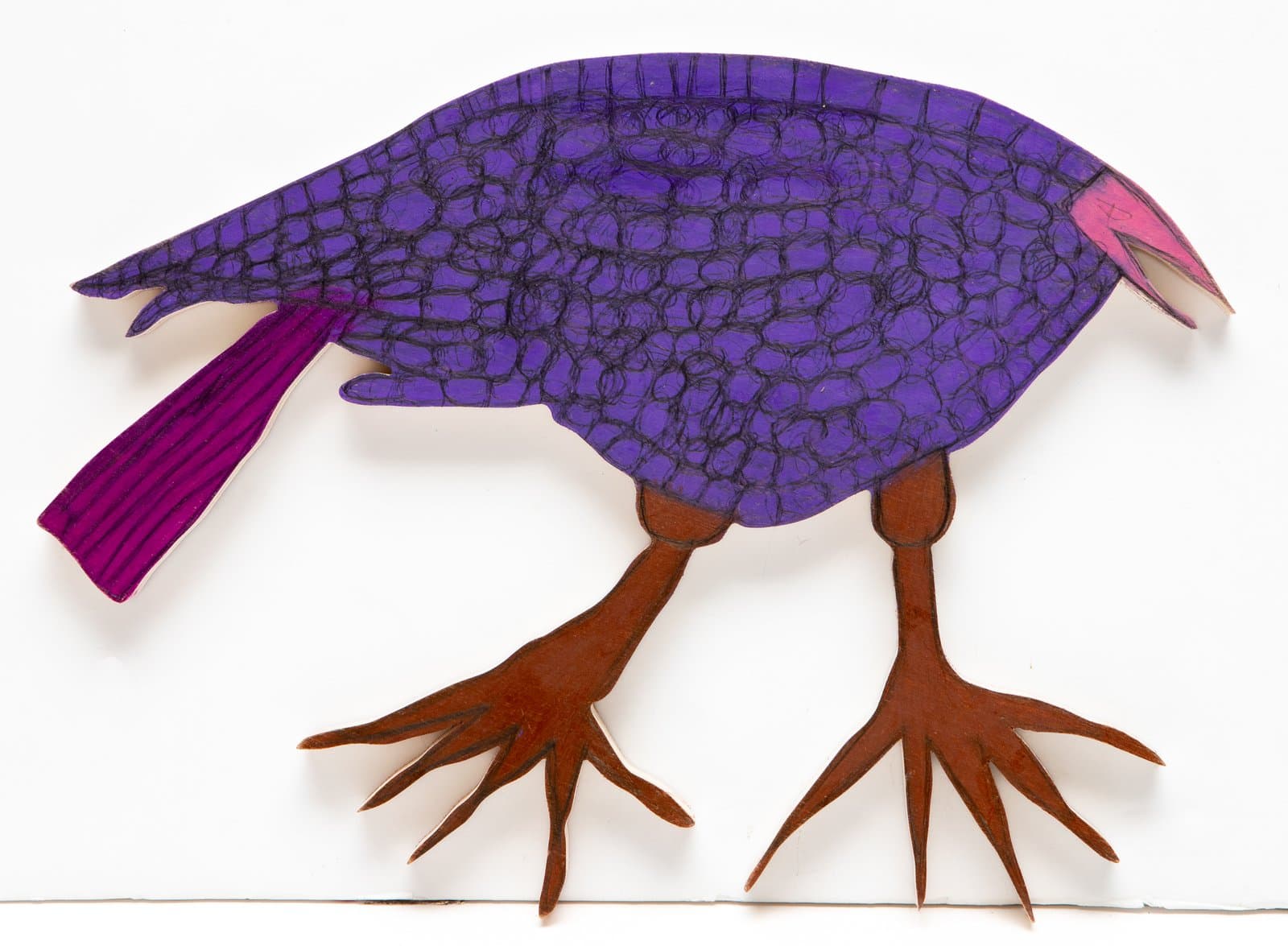 Cut-out wooden bird figure painted purple with black scale pattern, magenta tail and beak, brown clawed feet.