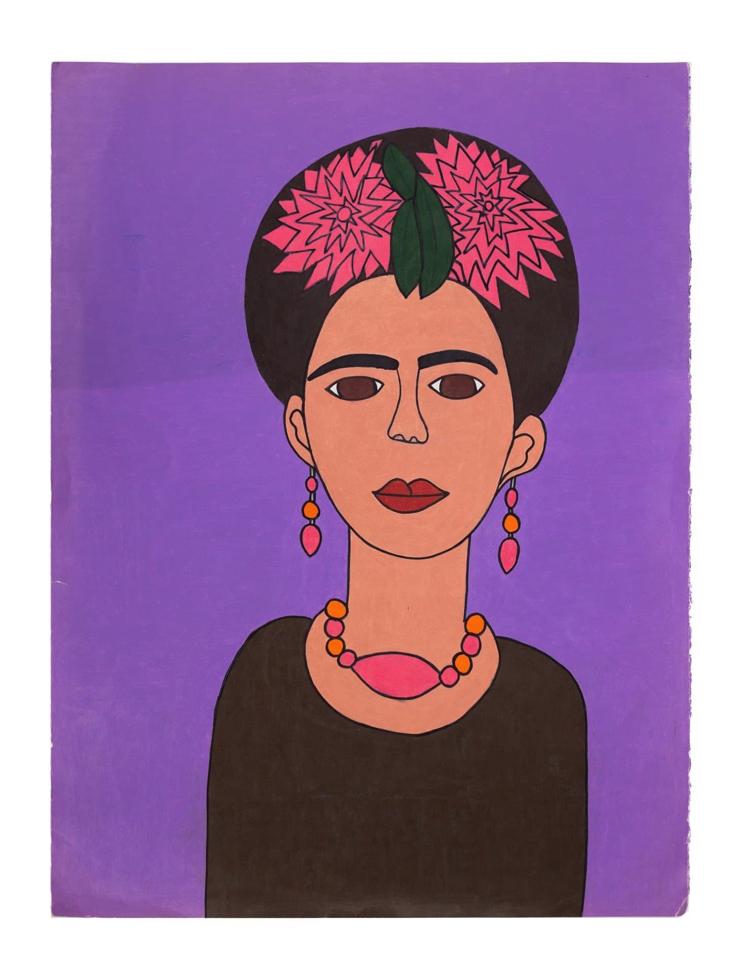 Colored pencil portrait of a person with dark hair adorned with pink flowers against a purple background