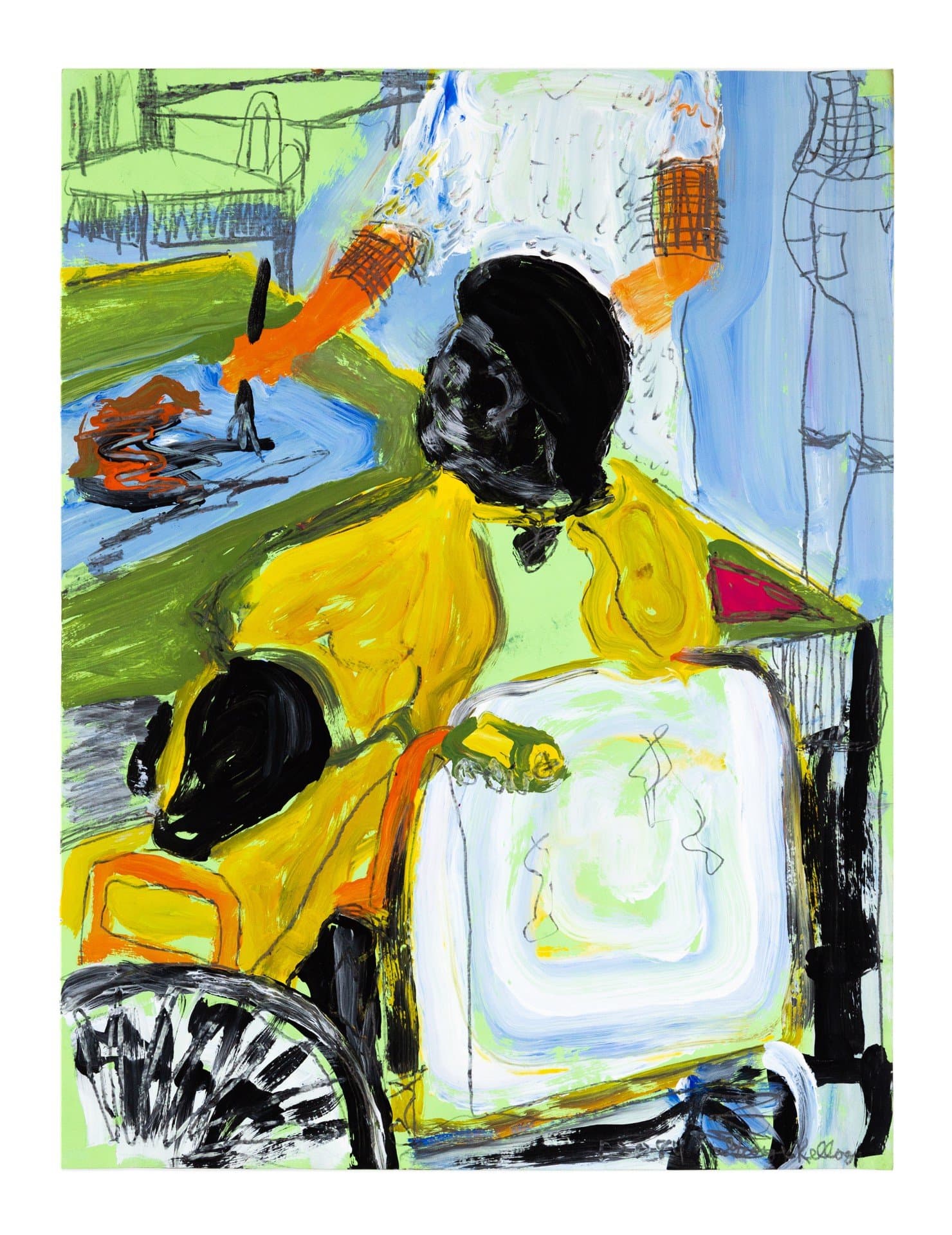 Figurative painting in acrylic showing a person with raised arms in yellow clothing, with vibrant colors on paper.