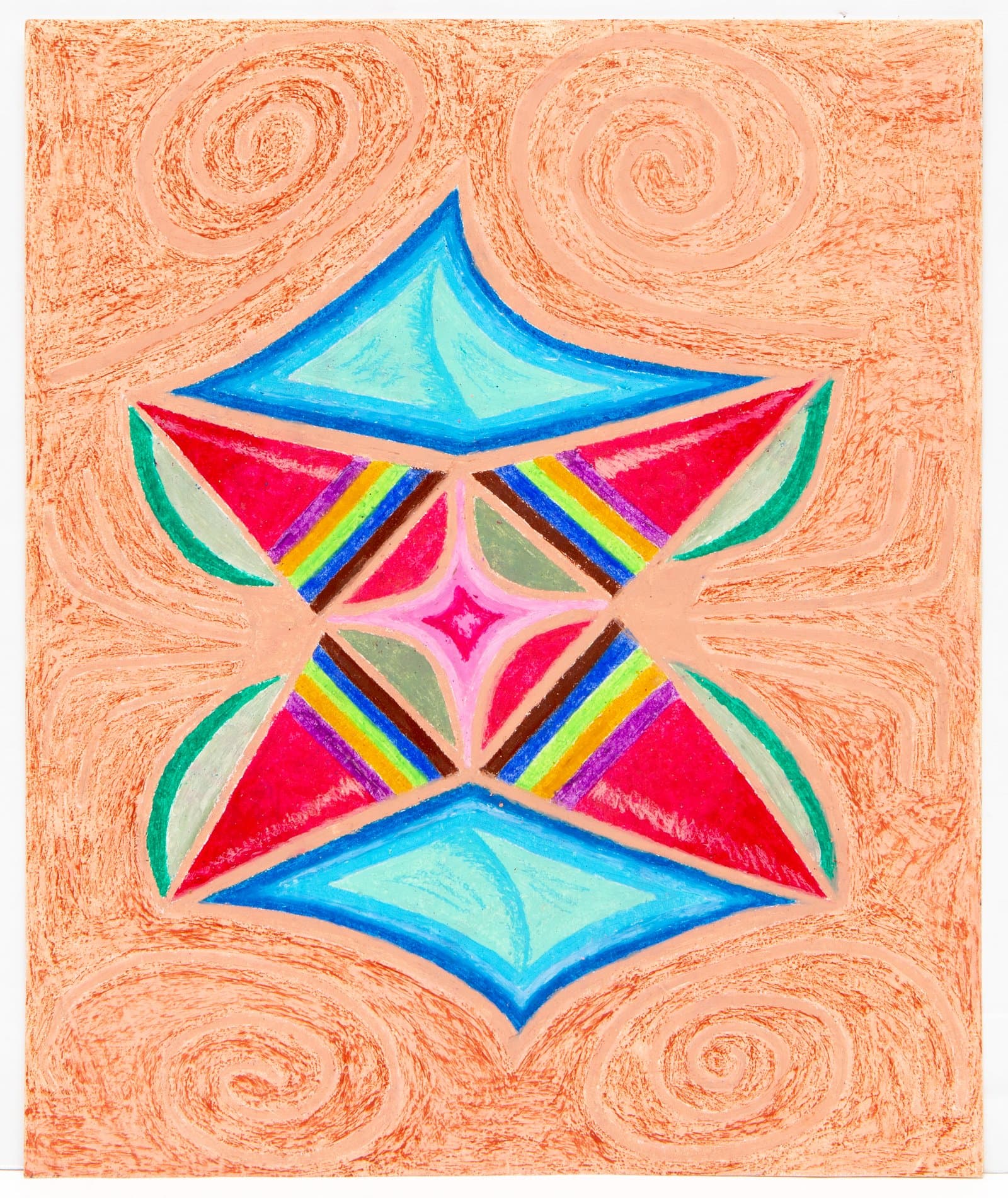 Pastel drawing featuring a symmetrical geometric mandala-like form in blue, red, and green on a peach background with spiral motifs.