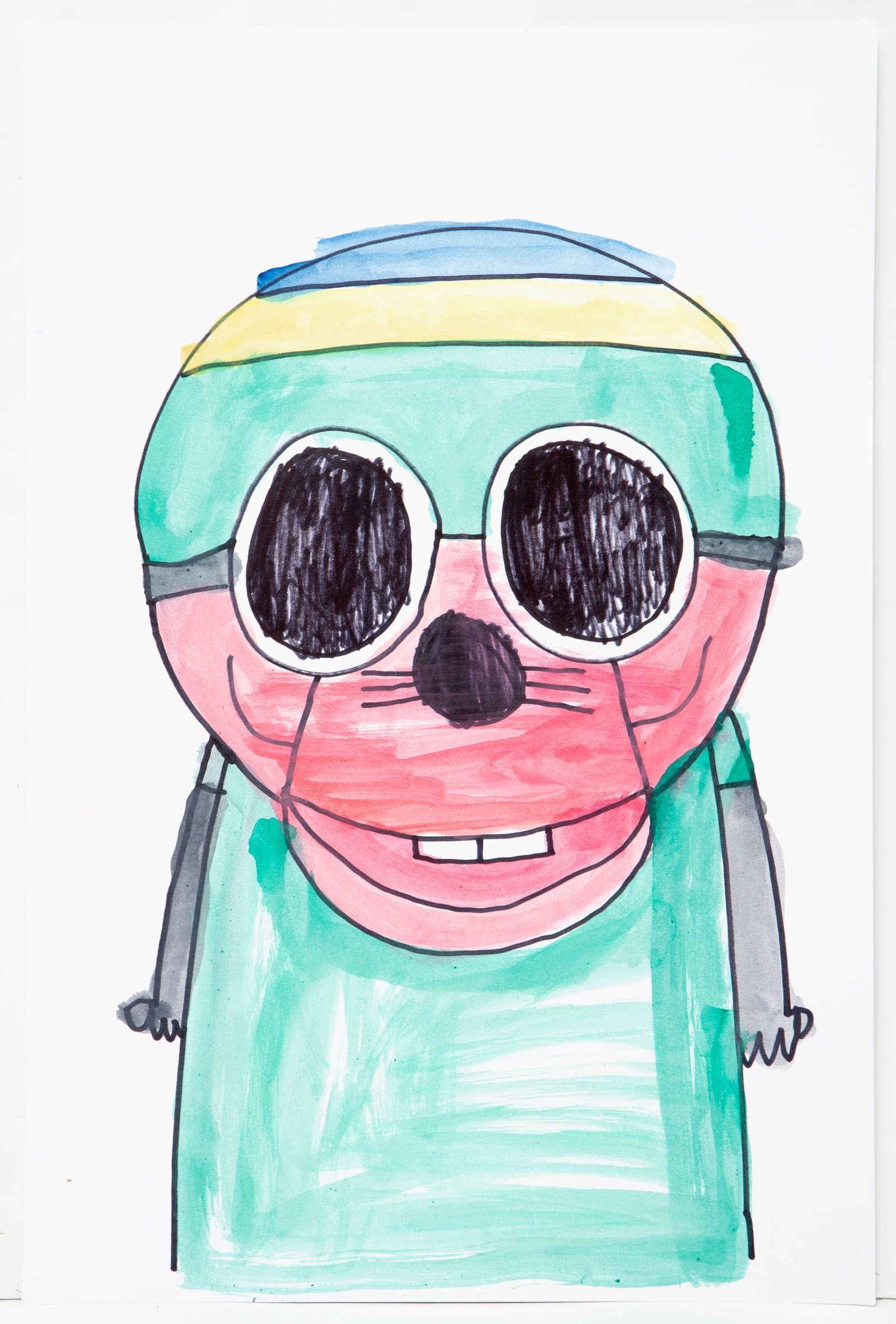 Watercolor drawing of a cartoon character with a round green head, large dark goggles, pink muzzle, and striped cap on white paper.