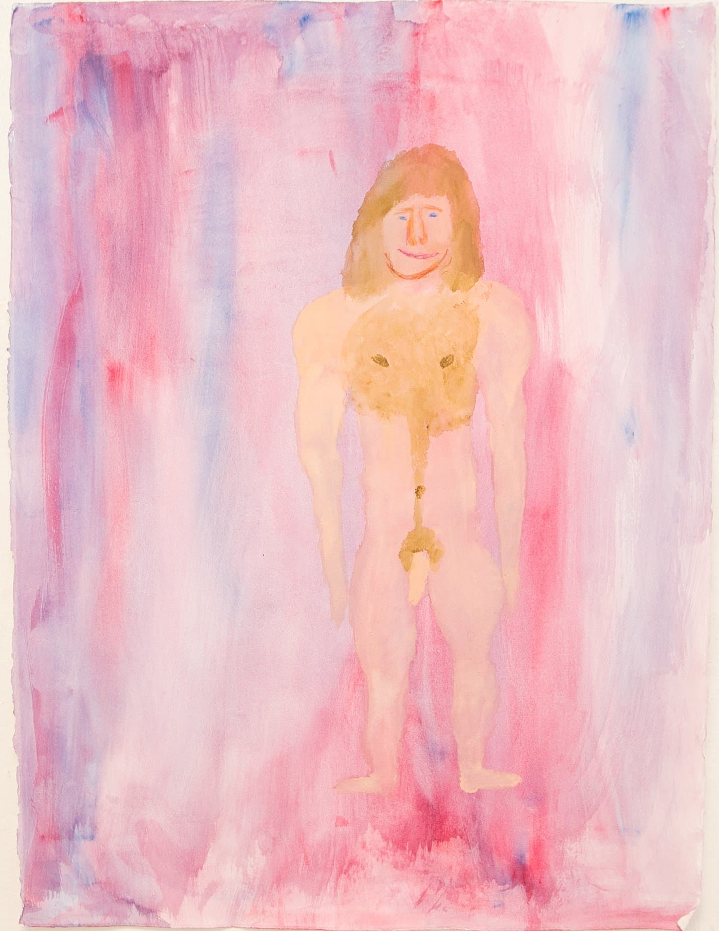 Watercolor painting of a standing nude figure with long brown hair against a pink and lavender washed background.