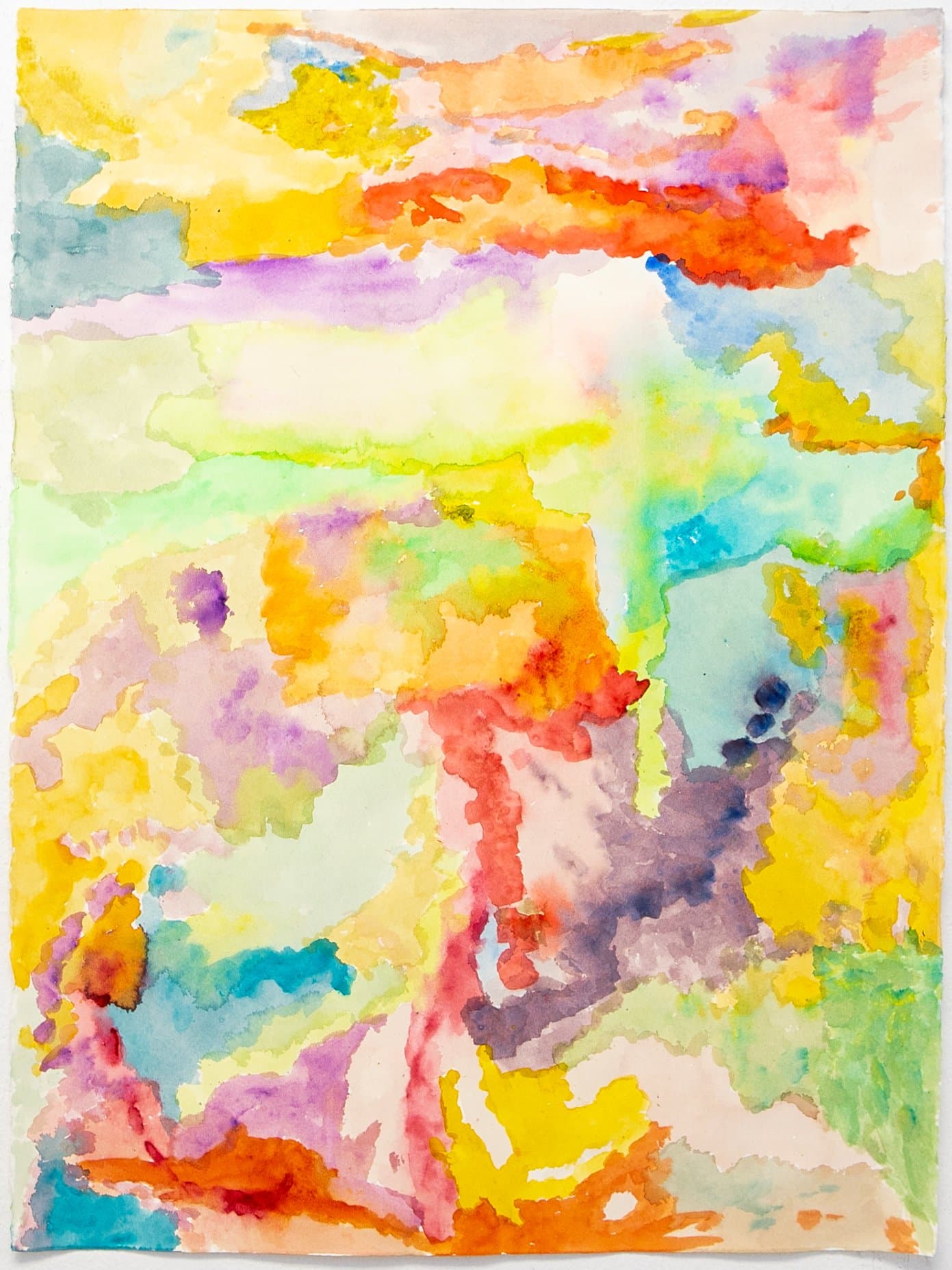 Abstract watercolor painting with fluid, overlapping washes of yellow, orange, red, purple, teal, and green on white paper.