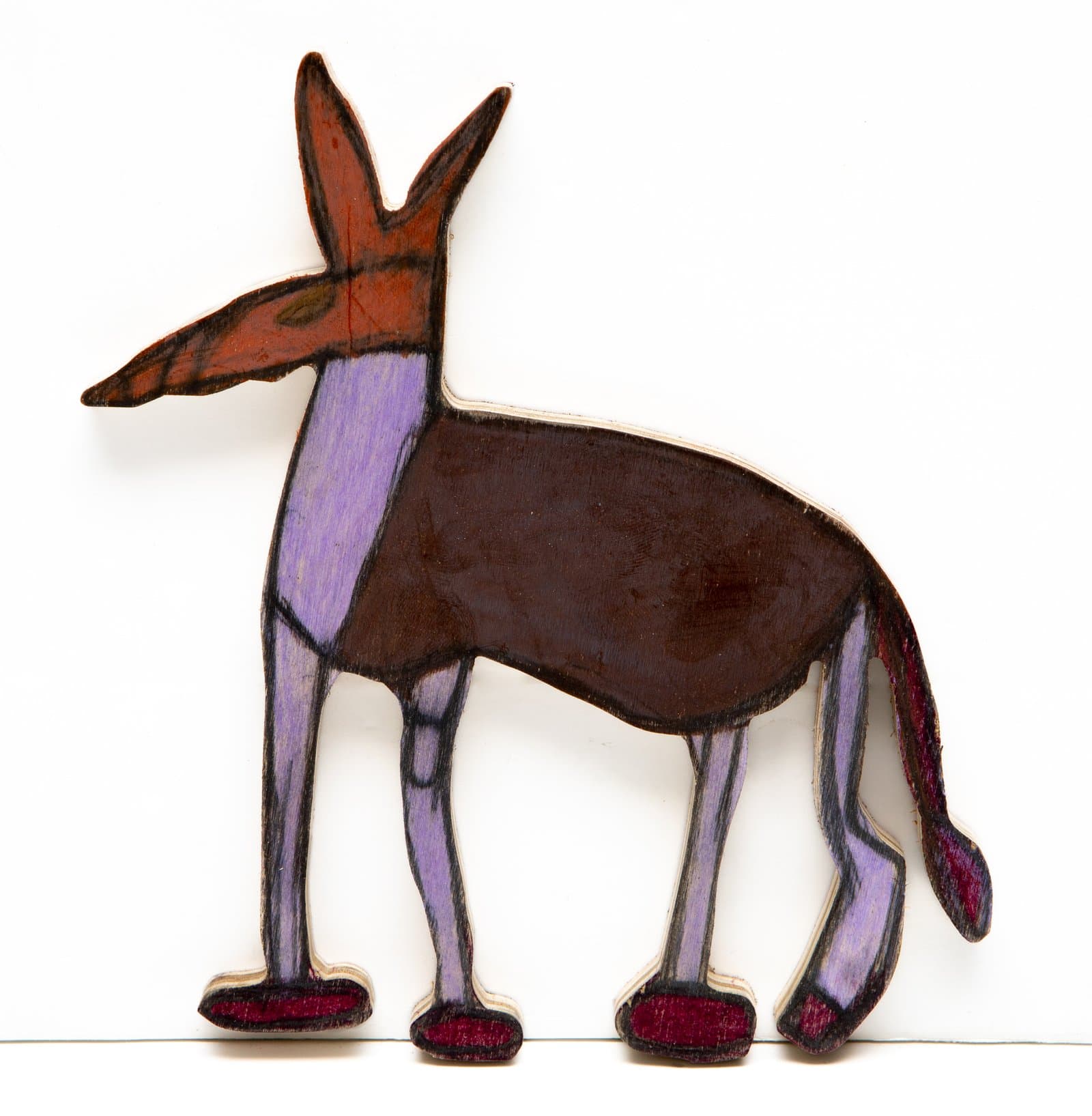Painted wood cutout of a standing donkey with purple legs, dark brown body, orange-red head, and deep red hooves.