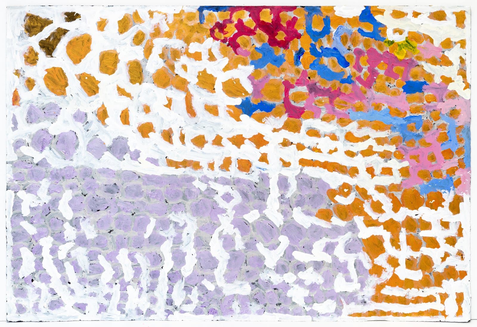 Abstract acrylic painting on paper with orange, lavender, pink, and blue irregular shapes on a white ground.