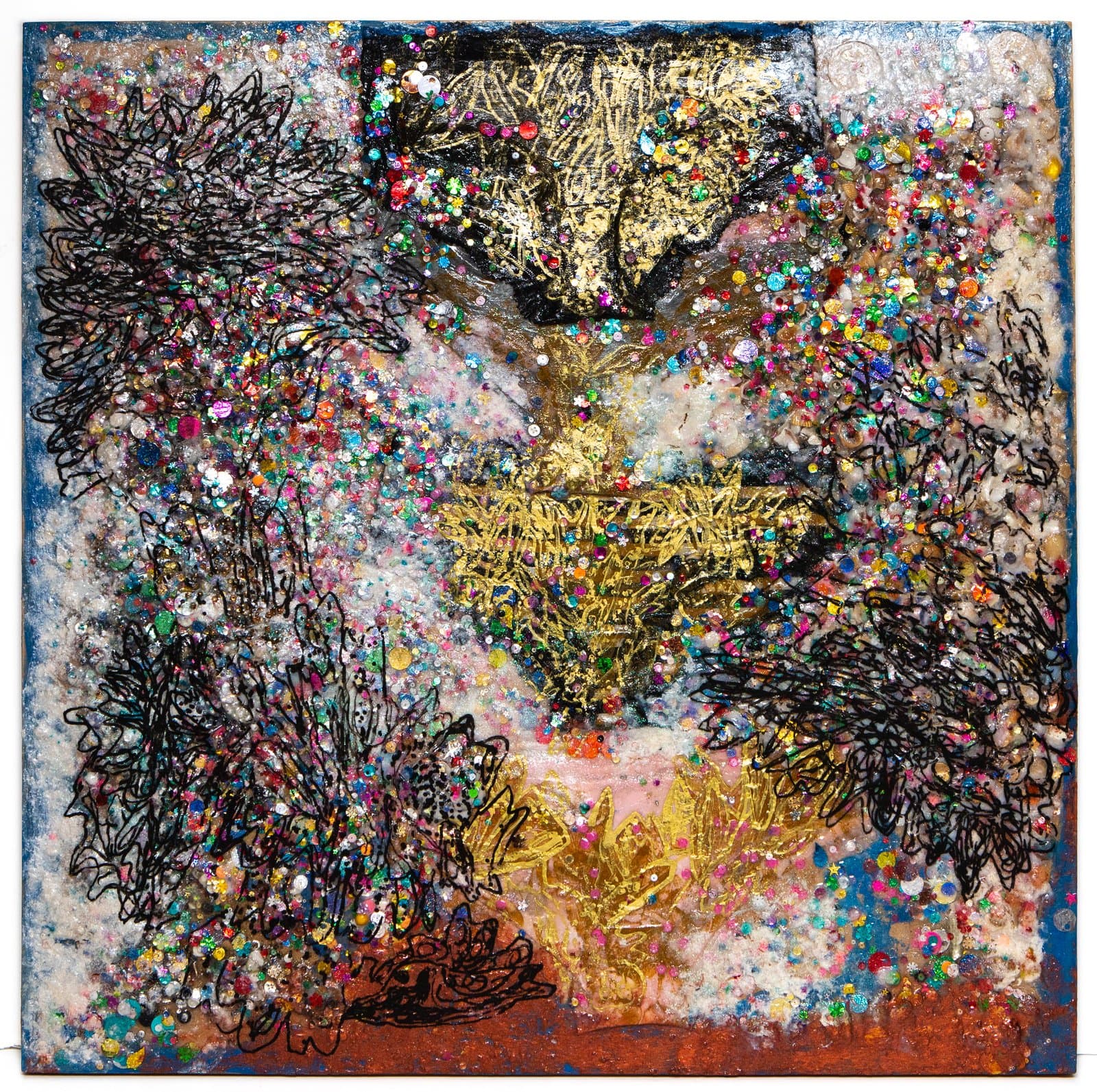 Mixed media on board densely covered in multicolored glitter, black marker scrawls, and gold paint on a pearlescent ground.