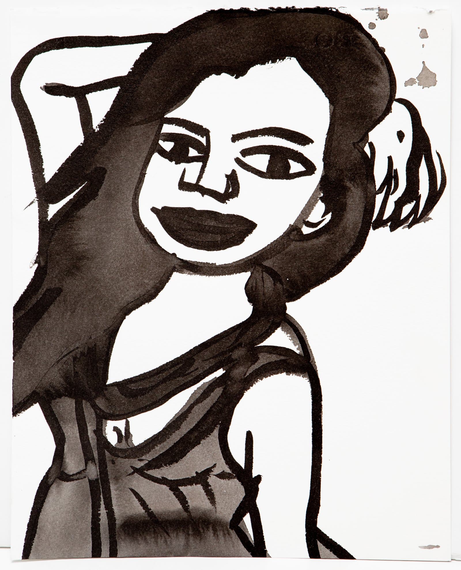 Ink drawing of a smiling figure with voluminous dark hair, rendered in bold black brushstrokes on white paper.