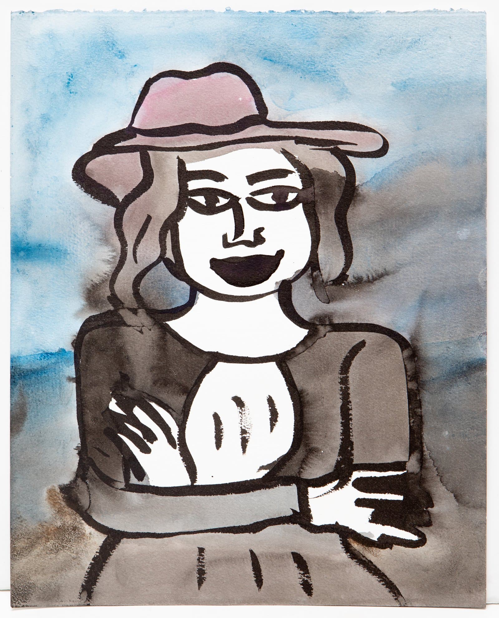 Ink and watercolor portrait of a smiling figure wearing a wide-brimmed hat, rendered in bold black outlines on paper.