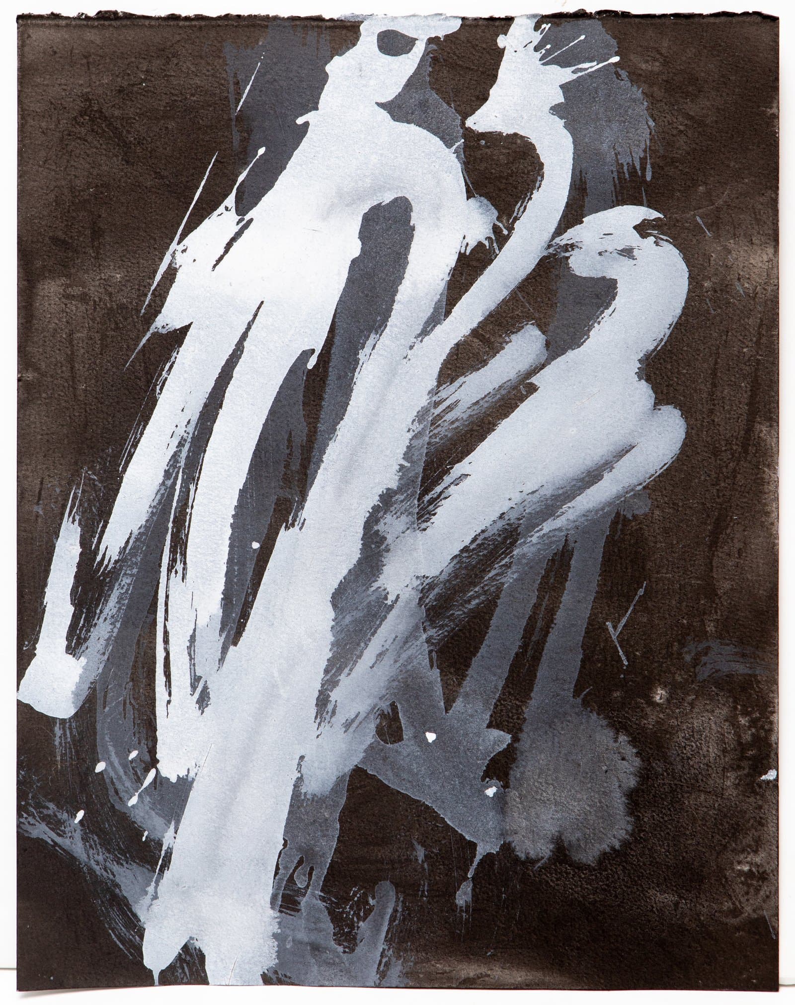 Abstract ink painting with bold white brushstrokes over a dark brown-black background on paper.