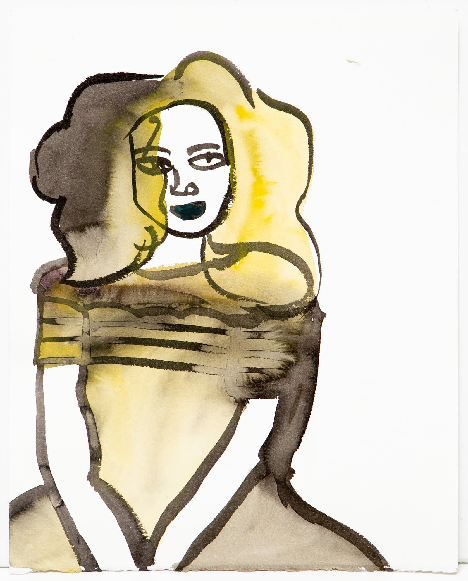 Watercolor and ink figure of a woman with yellow hair, dark teal lips, and a striped top on white paper.