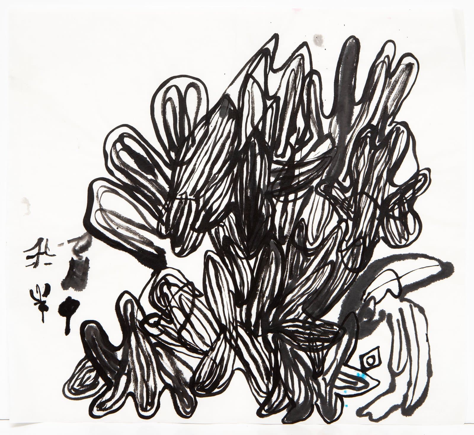 Abstract ink drawing with dense, energetic black linear forms clustered at center-right, with small notations at left, on white paper.