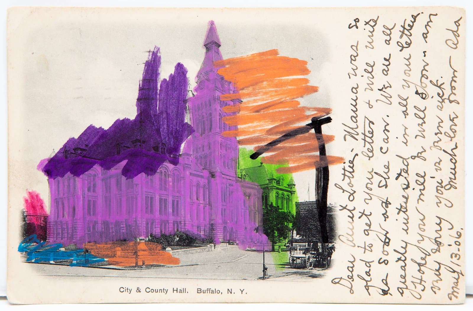Altered vintage postcard of Buffalo's City & County Hall painted over with bold strokes of purple, orange, green, and pink acrylic.