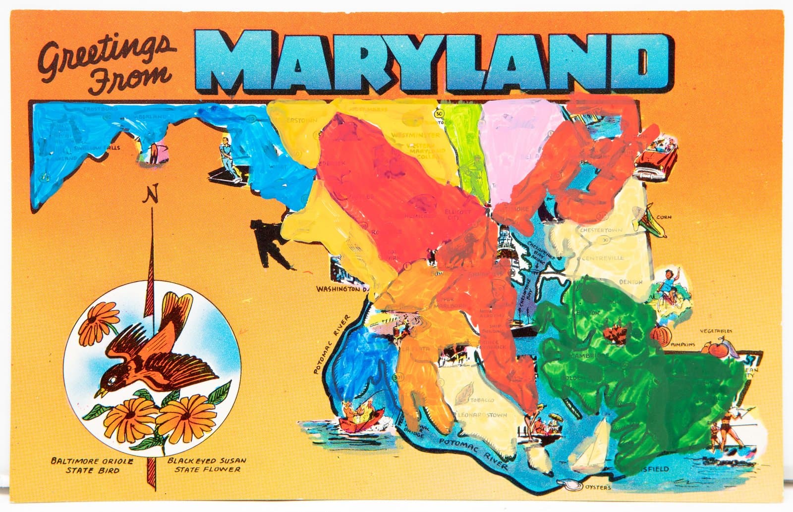 Acrylic paint applied over a vintage 'Greetings from Maryland' souvenir postcard, altering the printed map with bold colors.