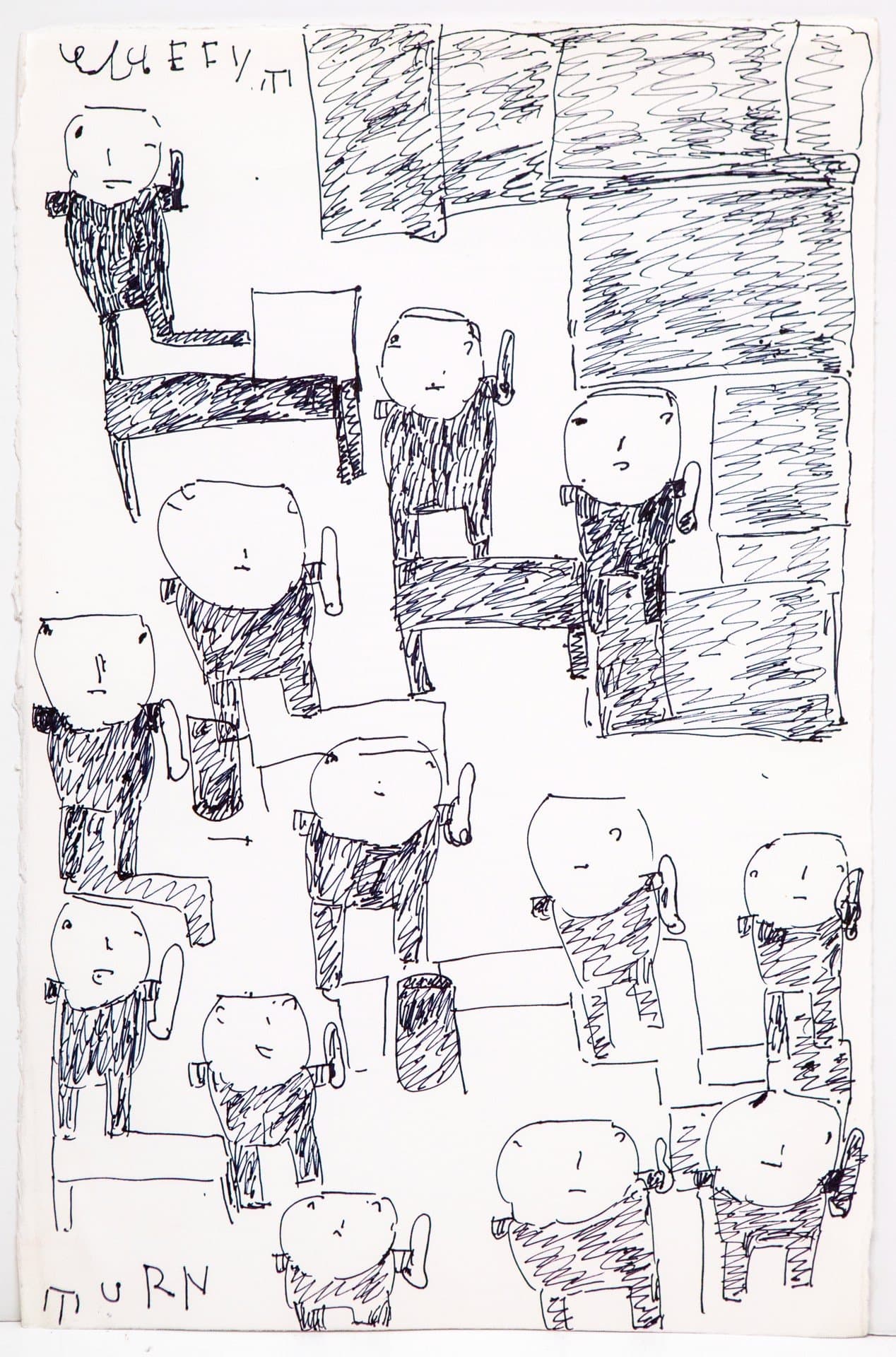 Pen drawing of multiple simplified human figures arranged across white paper with handwritten text at top and bottom.