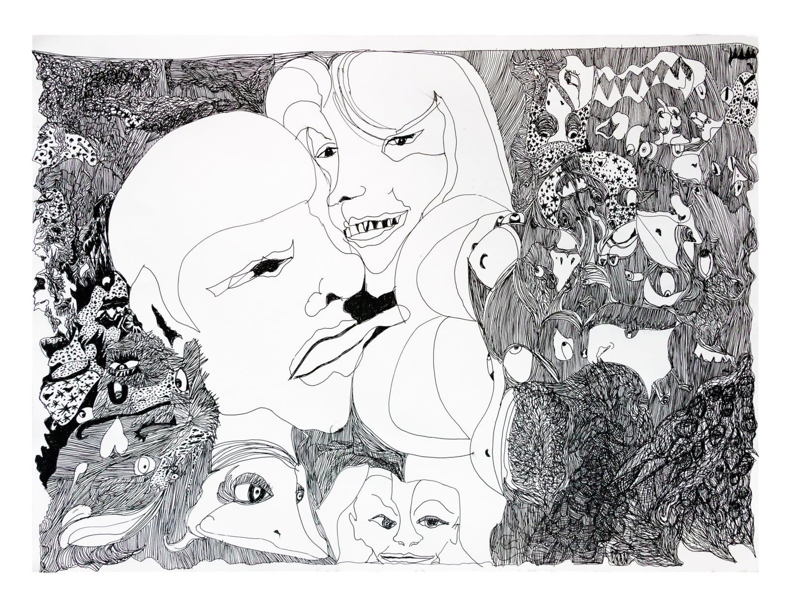 Ink drawing featuring a large central female figure surrounded by densely packed animal and human faces on white paper.