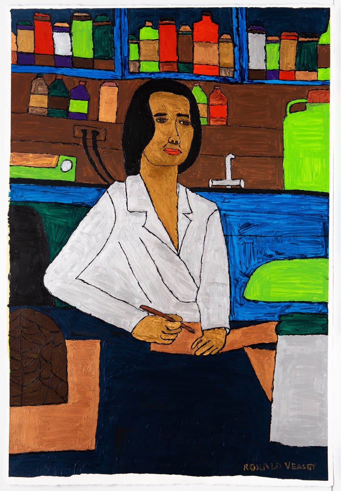 Acrylic painting of a person in white lab coat standing in a pharmacy with shelves of colorful bottles and containers