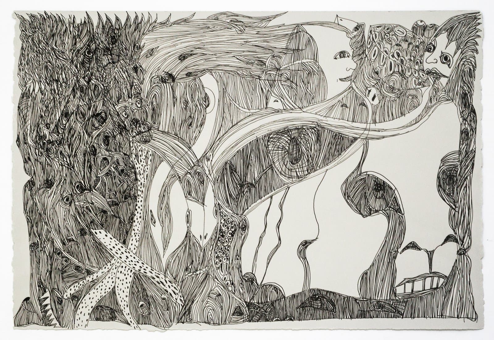 Ink drawing on paper depicting a dense fantastical landscape with organic forms, flowing lines, faces, and a starfish figure.