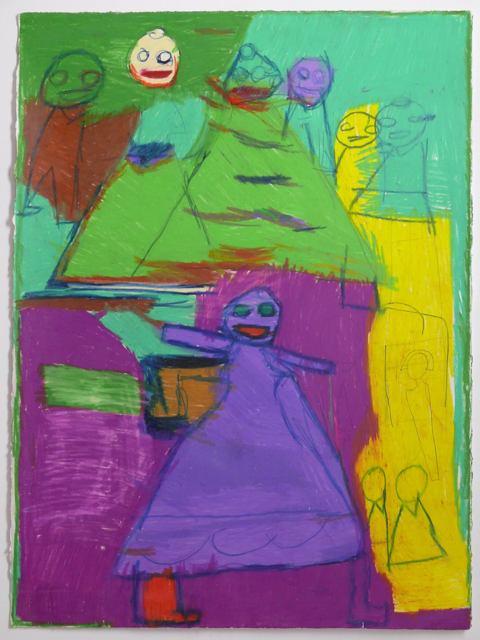 Figurative pastel drawing with multiple human figures in vivid green, purple, yellow, and magenta on paper.