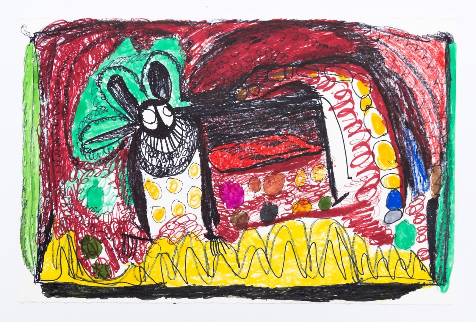 Mixed media drawing with central black figure having green wings and decorative patterns in red, yellow, and green on paper.