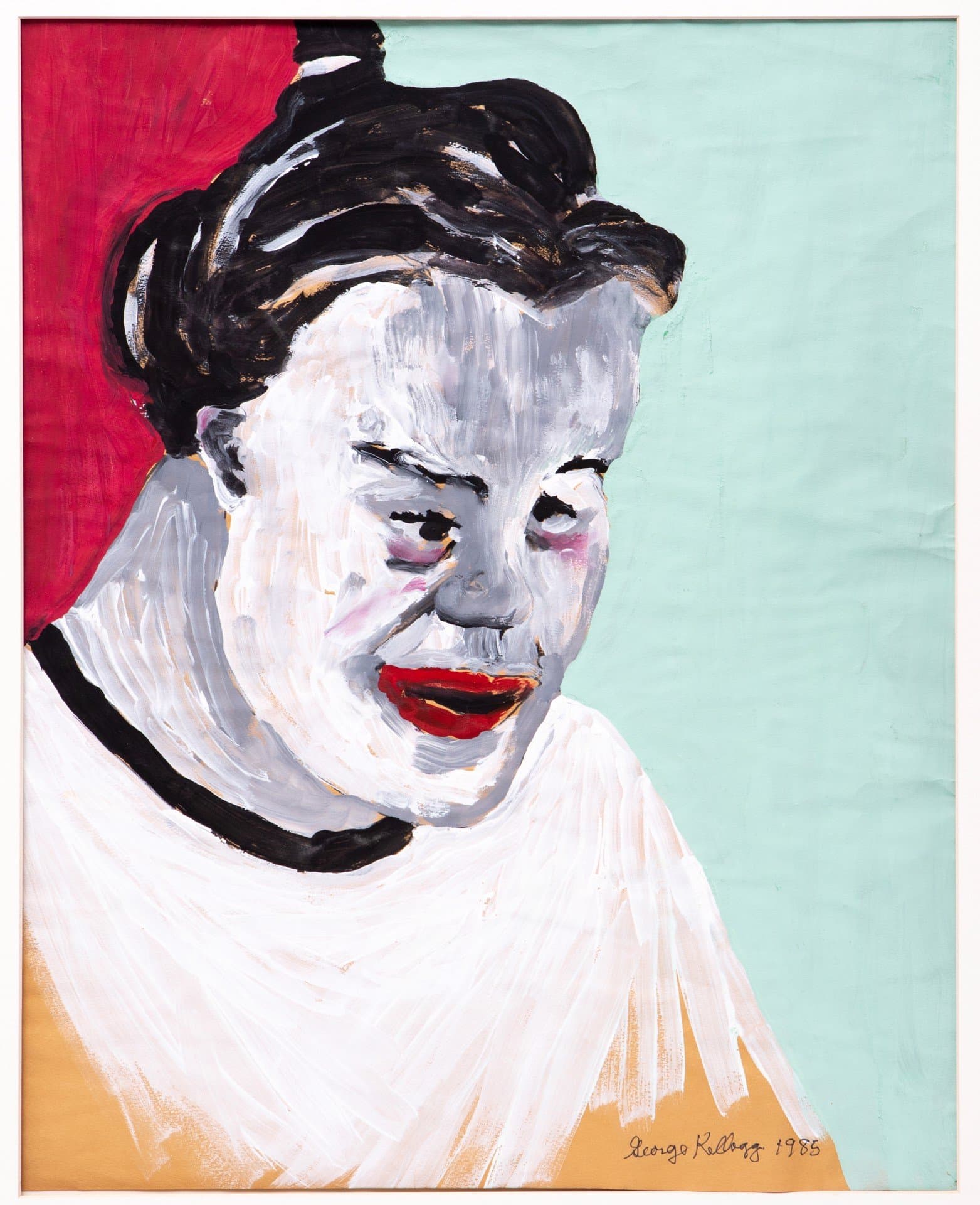 Painted portrait showing a figure with dark hair and red lips against colorful background, tempera on paper