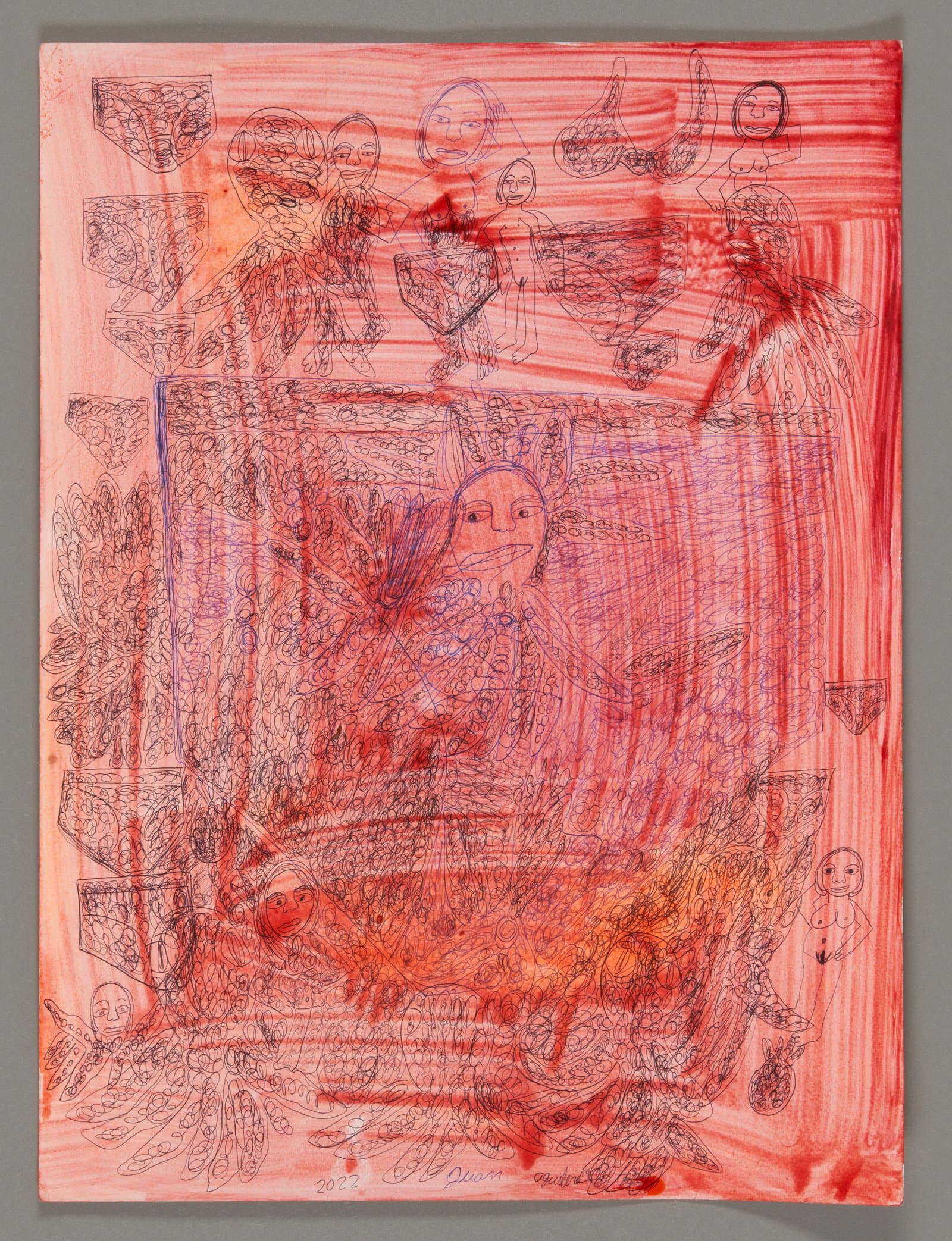 Mixed media drawing with red ink and watercolor showing multiple figures, faces, and decorative patterns on paper