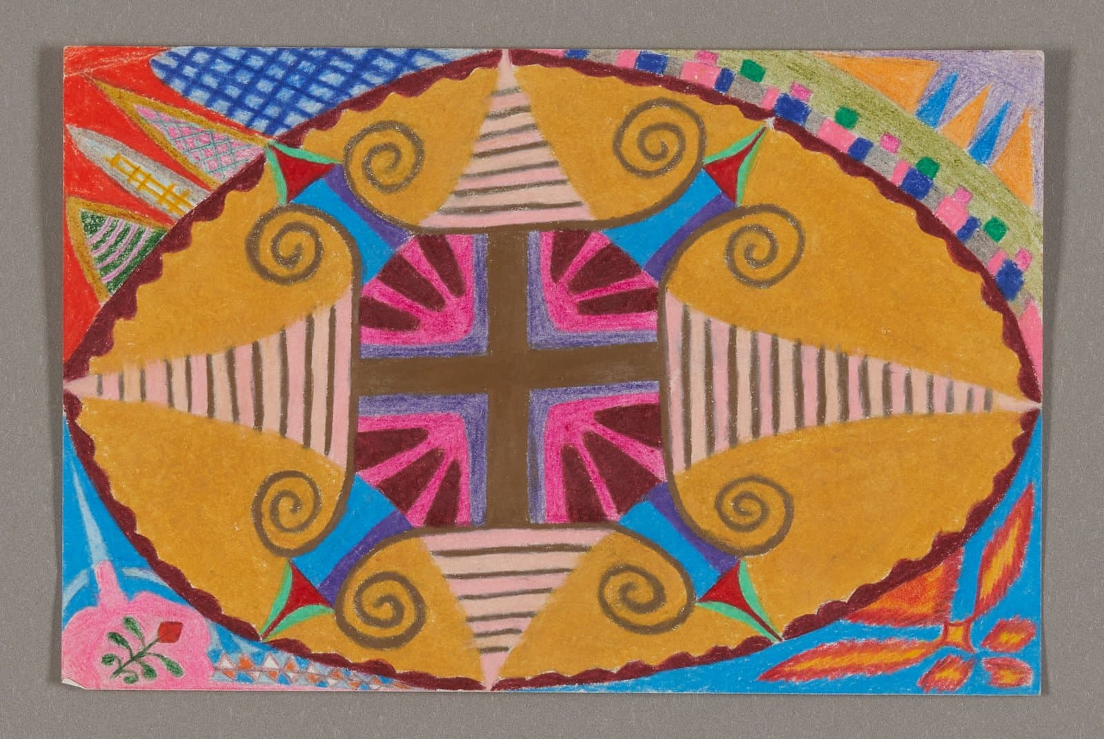 Colored pencil drawing with symmetrical design featuring yellow curved shapes with spirals around central cross pattern