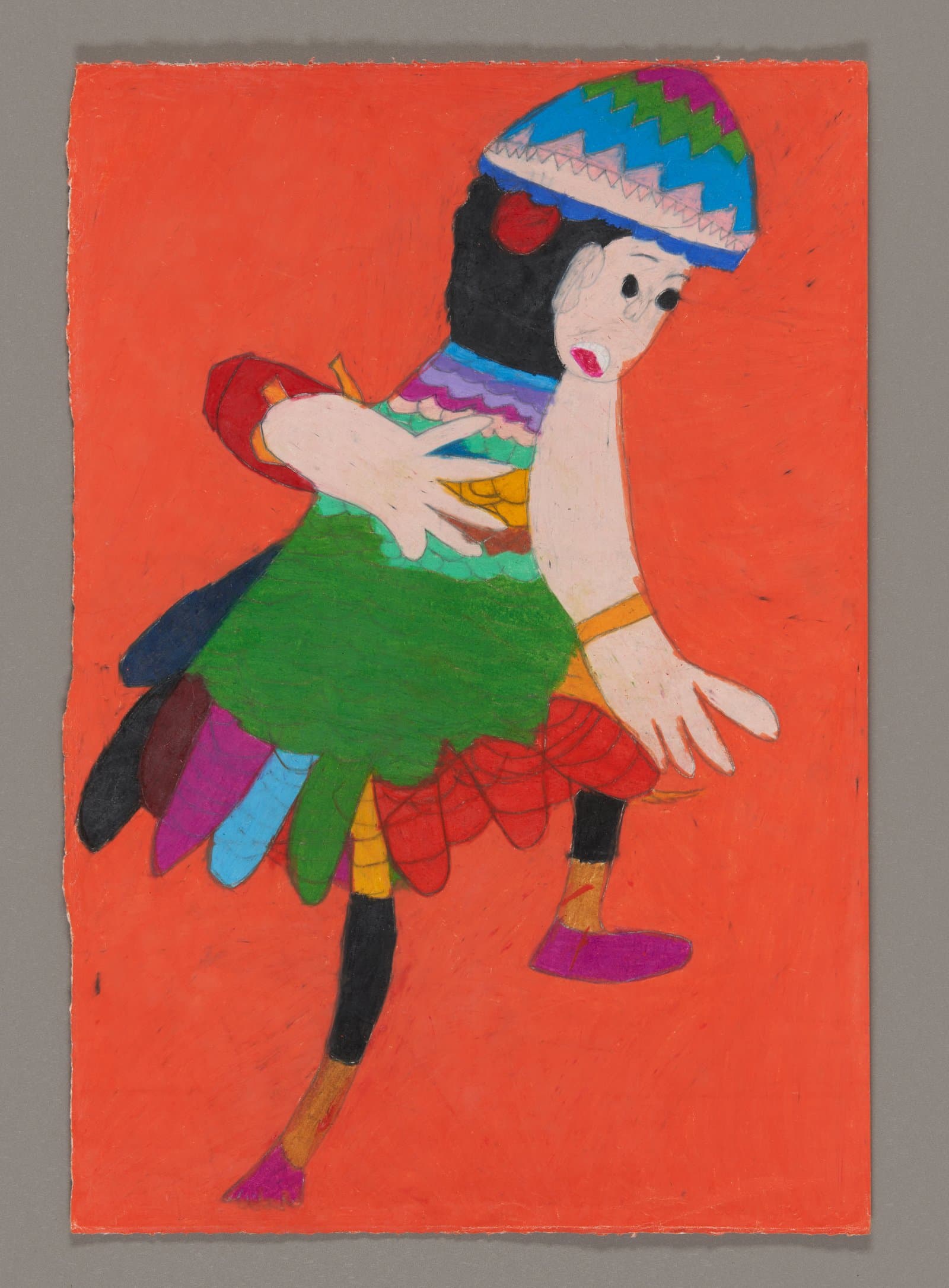 Colorful drawing of a dancing figure in traditional costume with feathered headdress on orange background, color stix on paper