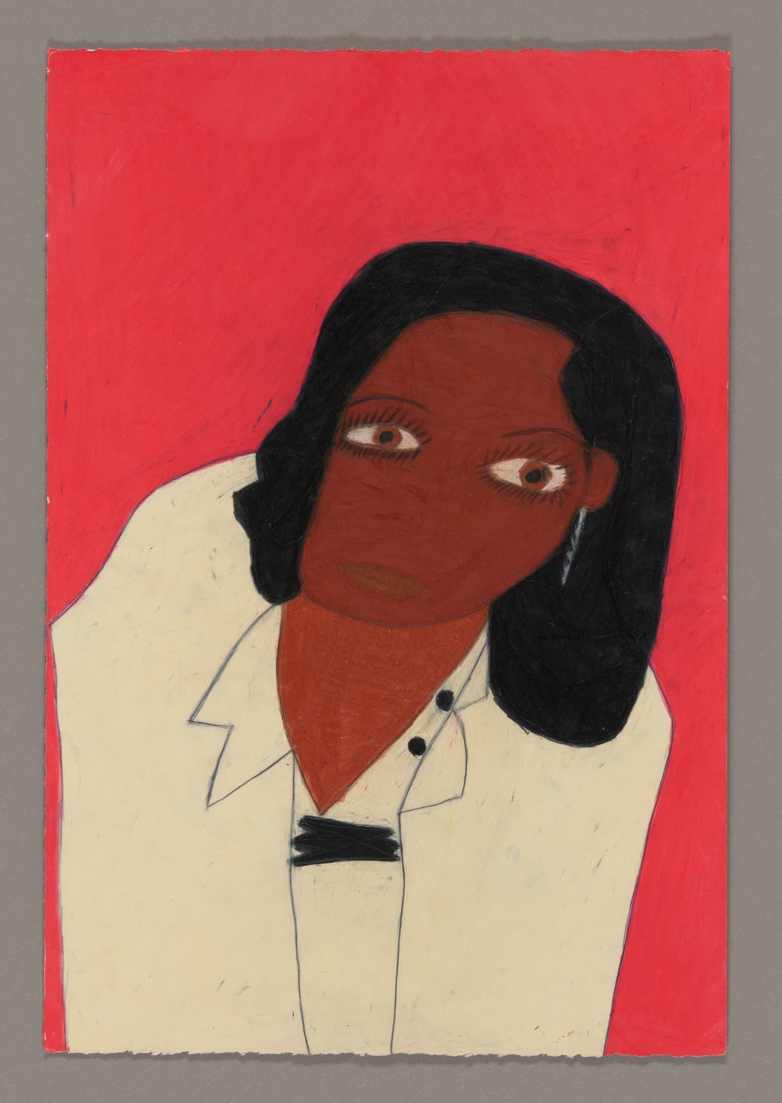 Portrait drawing of a person with black hair wearing a white collared shirt against bright red background, color stix on paper