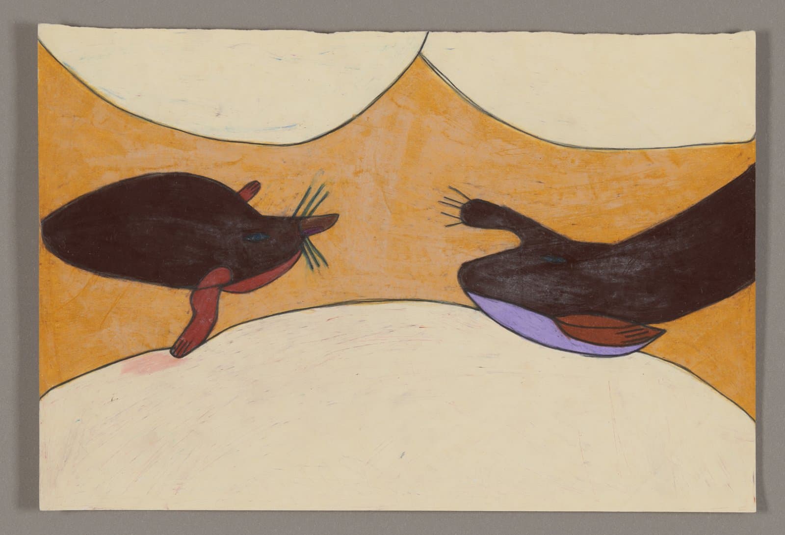 Drawing of two dark marine mammals with whiskers on orange and cream colored paper using Color Stix