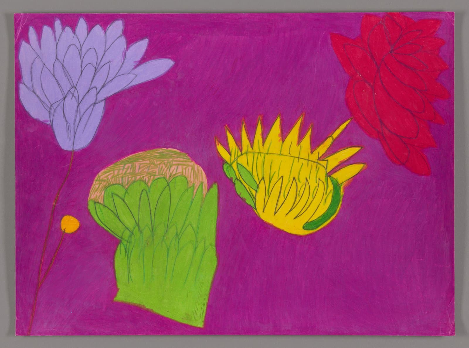 Drawing of colorful flower-like forms on bright magenta background, created with color stix on paper