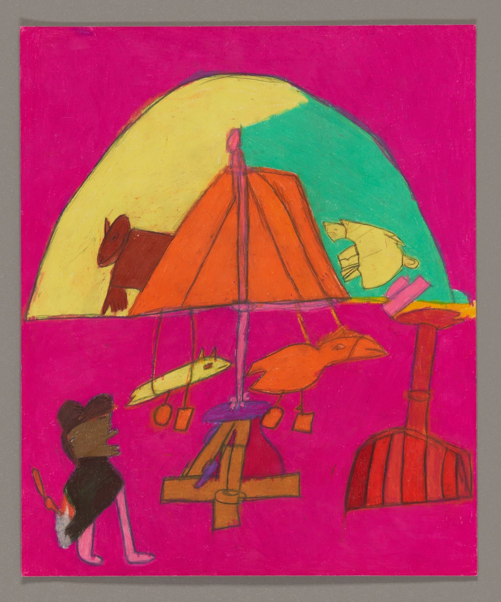 Drawing in Color Stix showing figures with umbrellas and hanging objects against bright pink background