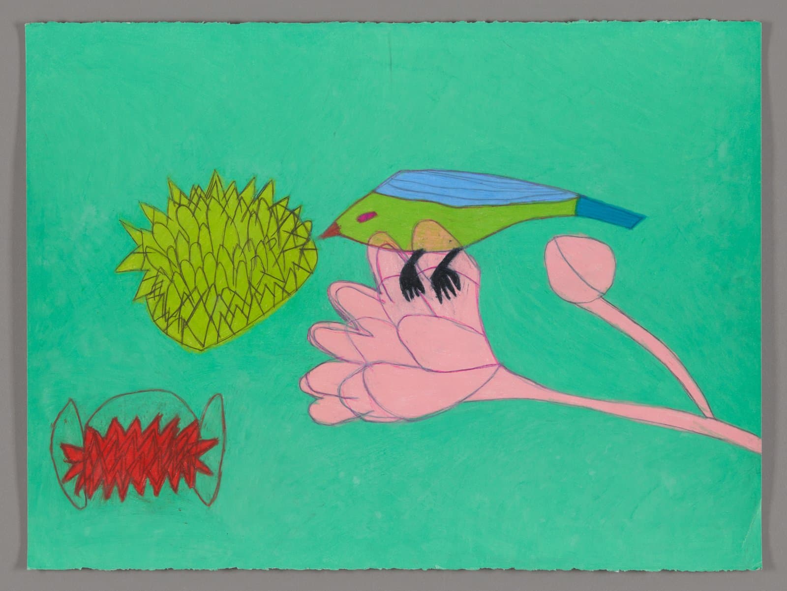 Drawing with pink flamingo-like bird, yellow pineapple, and red spiky shape on bright green background, color stix on paper