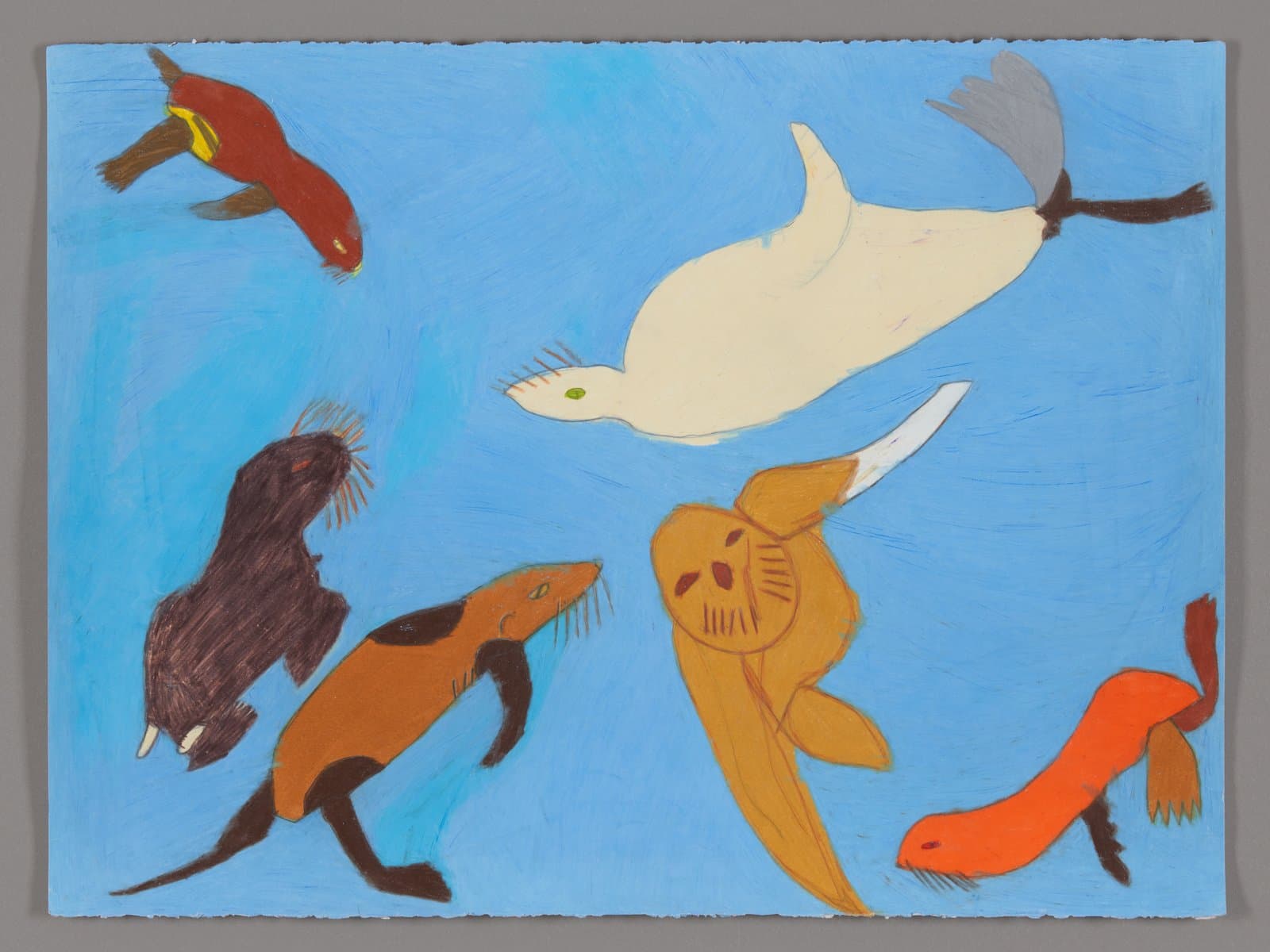Painting of six marine animals swimming in blue water, rendered in color stix on paper