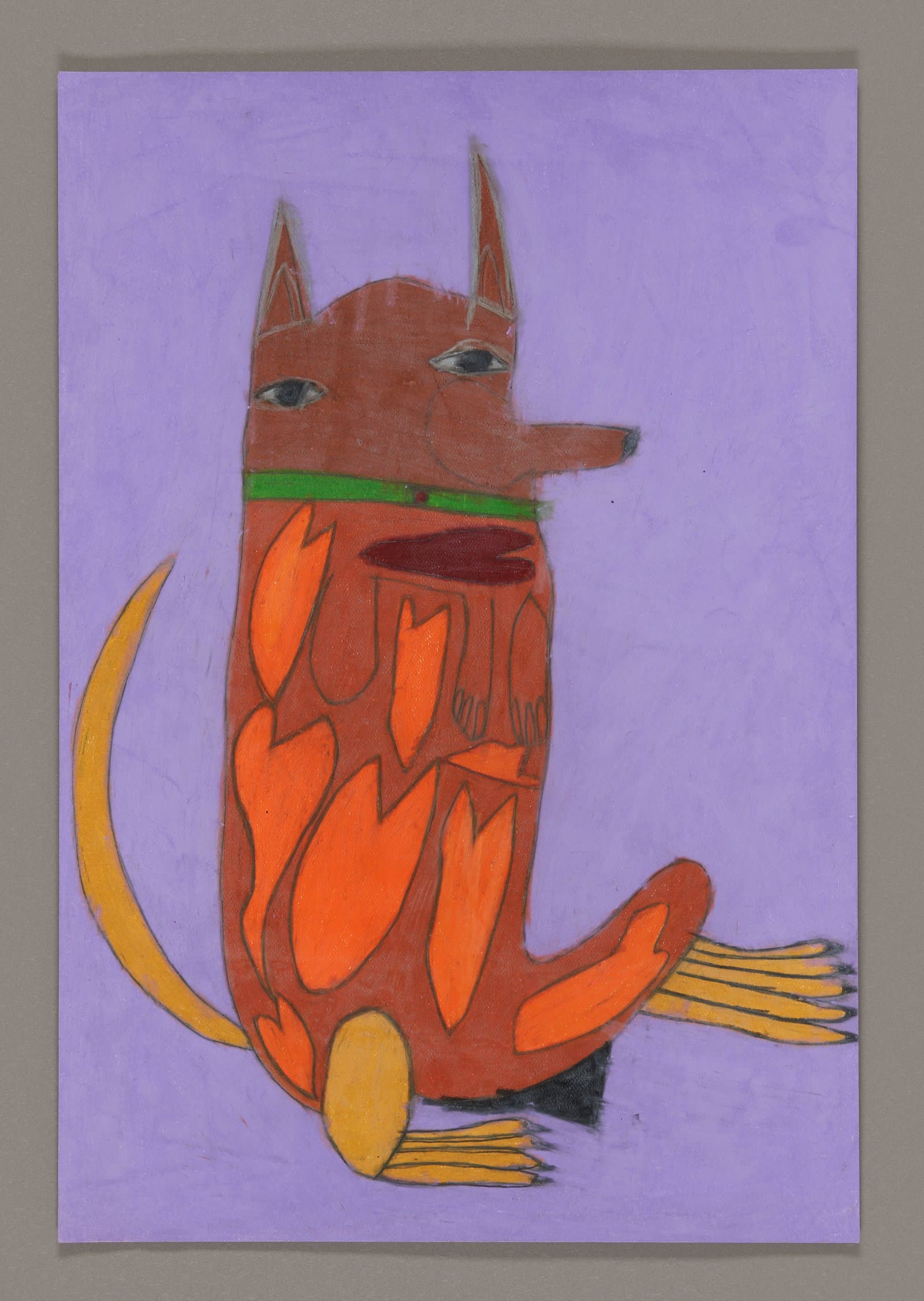 Drawing of a stylized dog-like creature in orange and red on purple background, created with color stix on paper