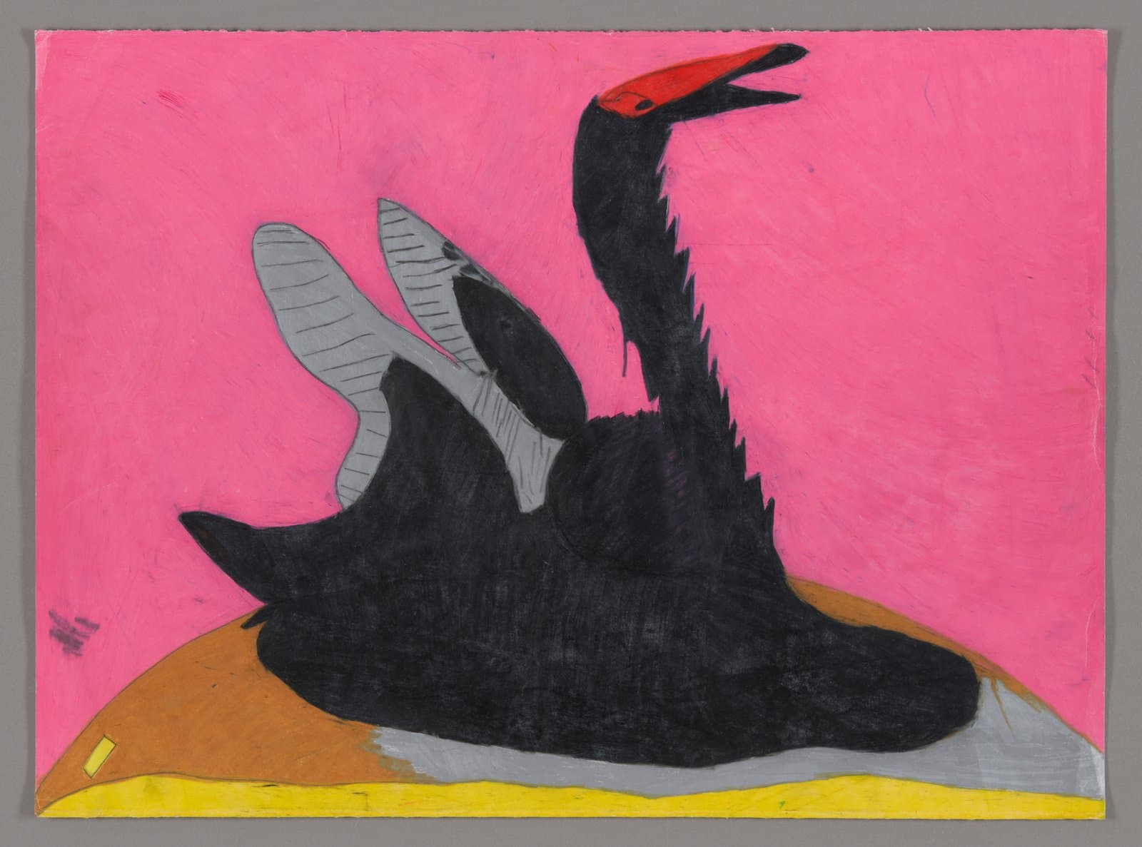 Painting of black winged creature on yellow and brown surface against bright pink background, color stix on paper