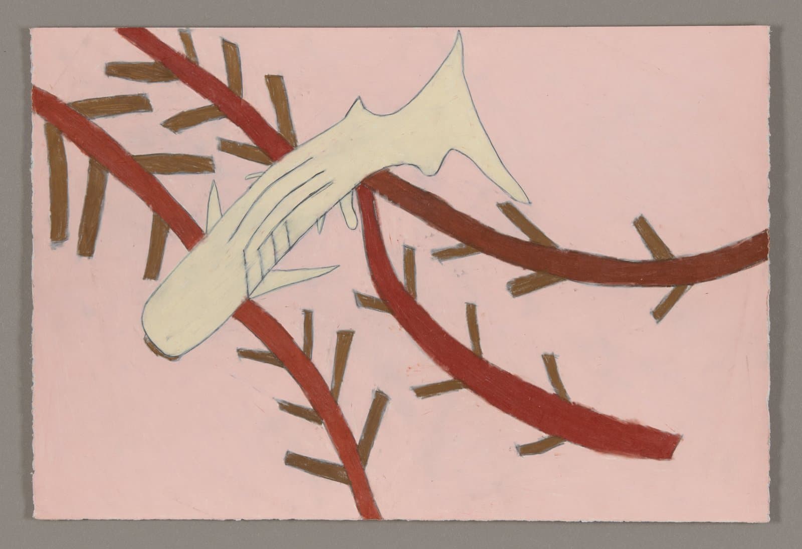 Drawing of a pale yellow unicorn head with horn among red and brown tree branches on pink background